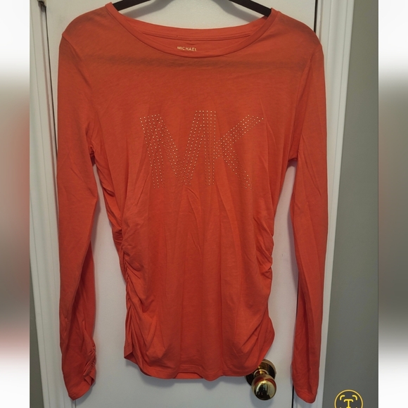 Micheal Kors Gold Studded Logo Long Sleeve Tee Size Medium Sangria (orange) - Picture 2 of 11